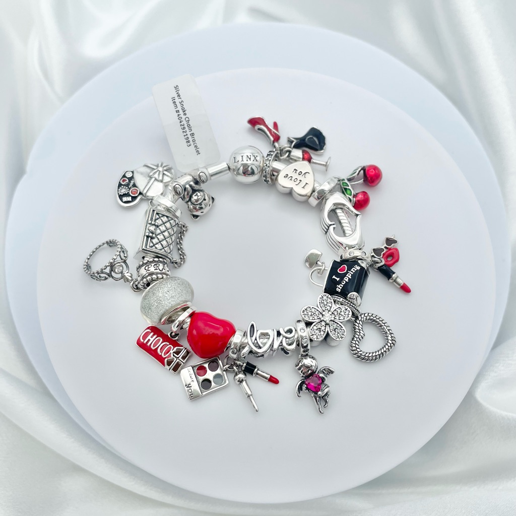 Linx Snake Chain Bracelet With Red Heart And Love Themed Charms